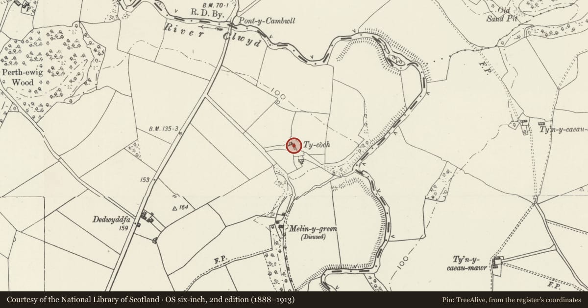 Ordnance Survey six-inch map, 2nd edition (1888–1913) covering the location of Brick Barn at Ty Coch, Trefnant, Denbighshire, with a pin at the register's coordinates