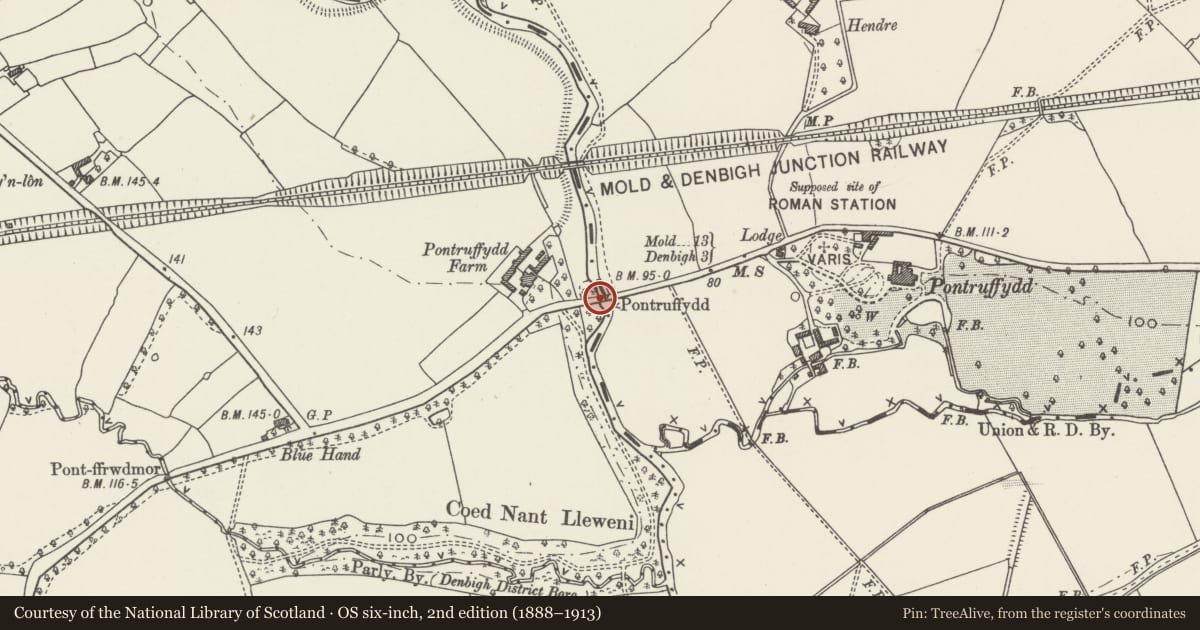 Ordnance Survey six-inch map, 2nd edition (1888–1913) covering the location of Pont Ruffydd (partly in Bodfari Community), Trefnant, Denbighshire, with a pin at the register's coordinates