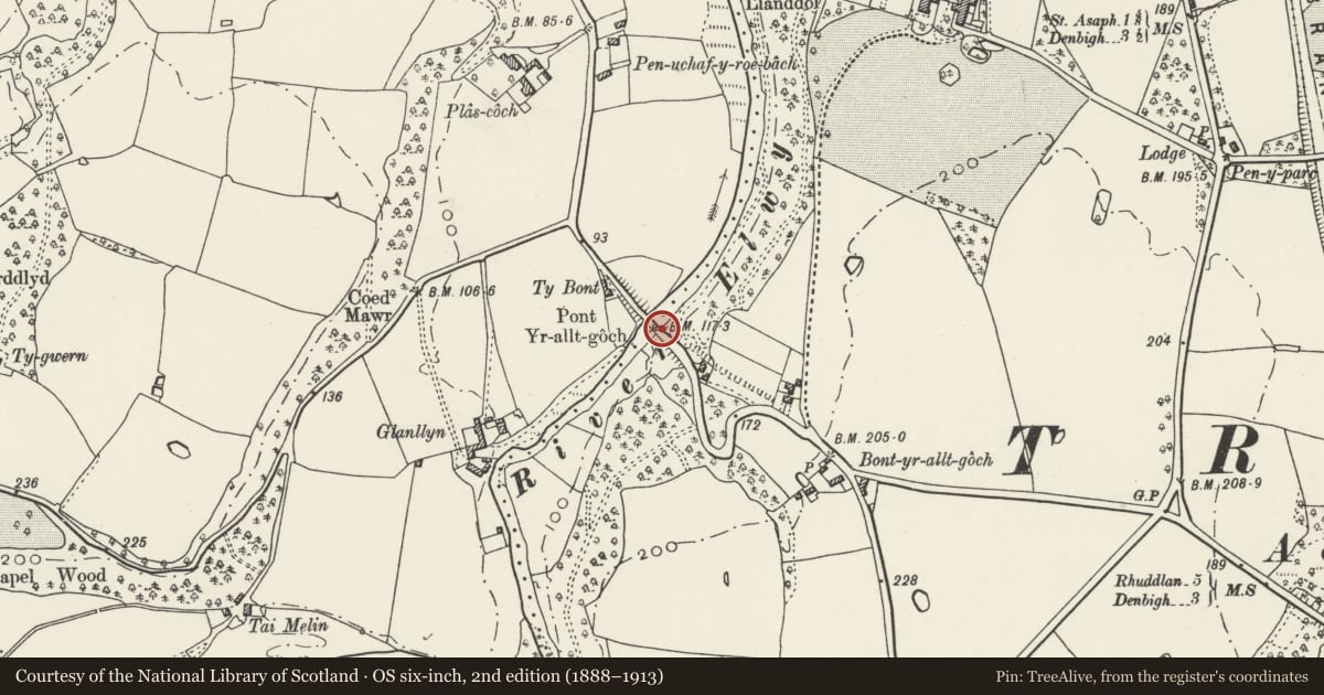 Ordnance Survey six-inch map, 2nd edition (1888–1913) covering the location of Pont-yr-allt-Goch (partly in Cefnmeiriadog Community), Trefnant, Denbighshire, with a pin at the register's coordinates