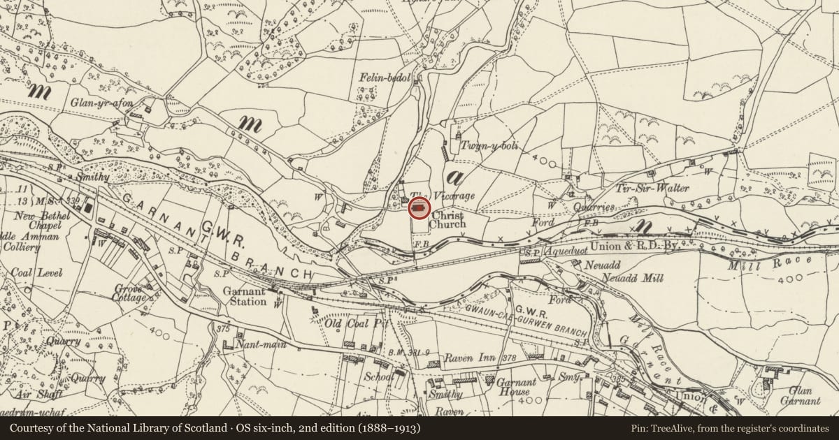 Ordnance Survey six-inch map, 2nd edition (1888–1913) covering the location of Christ Church, Cwmamman, Carmarthenshire, with a pin at the register's coordinates