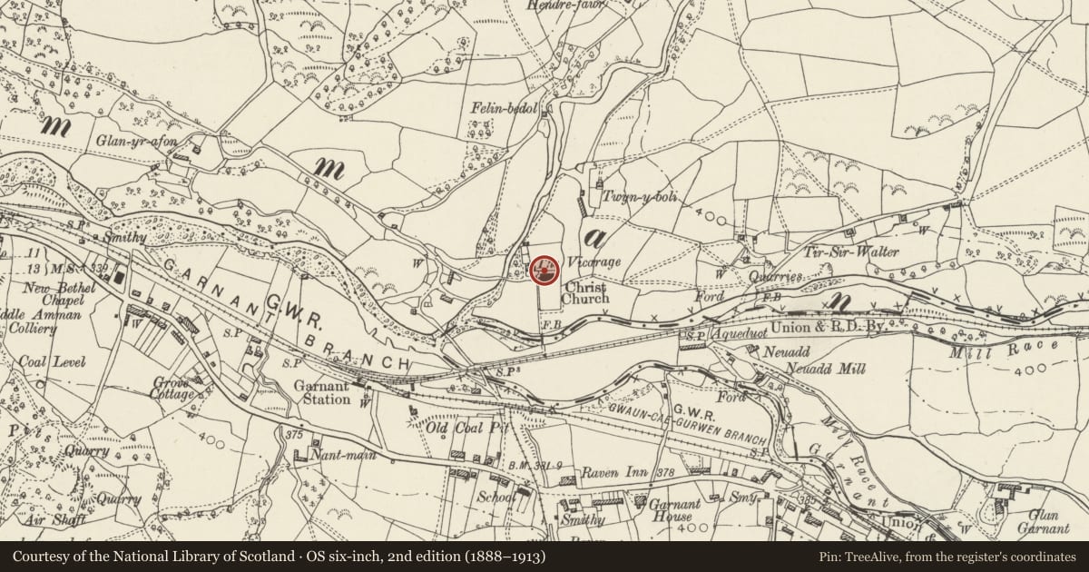 Ordnance Survey six-inch map, 2nd edition (1888–1913) covering the location of Monument to Mollie Davies at Christ Church, Cwmamman, Carmarthenshire, with a pin at the register's coordinates