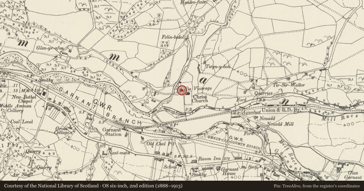 Ordnance Survey six-inch map, 2nd edition (1888–1913) covering the location of The Vicarage, Cwmamman, Carmarthenshire, with a pin at the register's coordinates