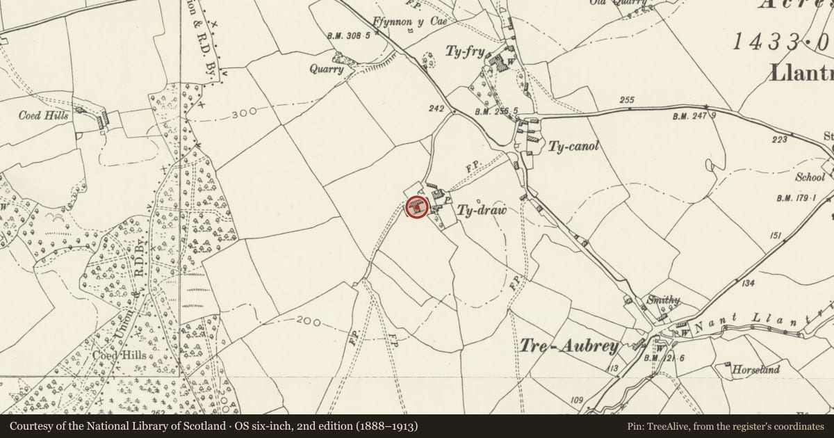 Ordnance Survey six-inch map, 2nd edition (1888–1913) covering the location of Agricultural Range at Ty-draw Farm, Llancarfan, Vale of Glamorgan, with a pin at the register's coordinates
