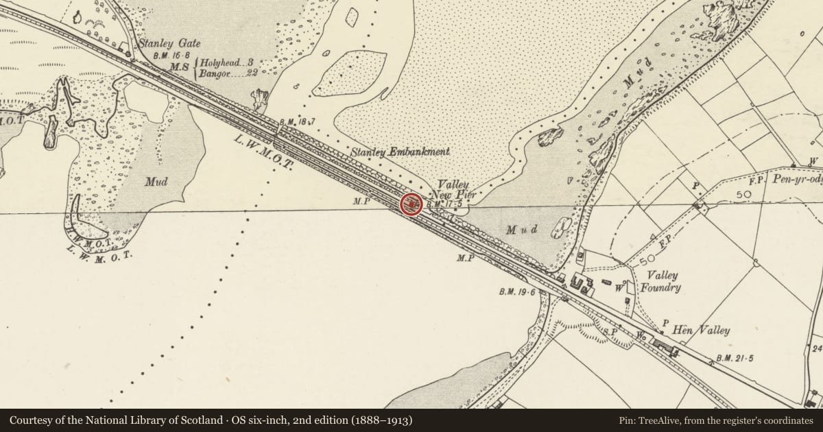 Ordnance Survey six-inch map, 2nd edition (1888–1913) covering the location of Stanley Embankment, Valley, Isle of Anglesey, with a pin at the register's coordinates
