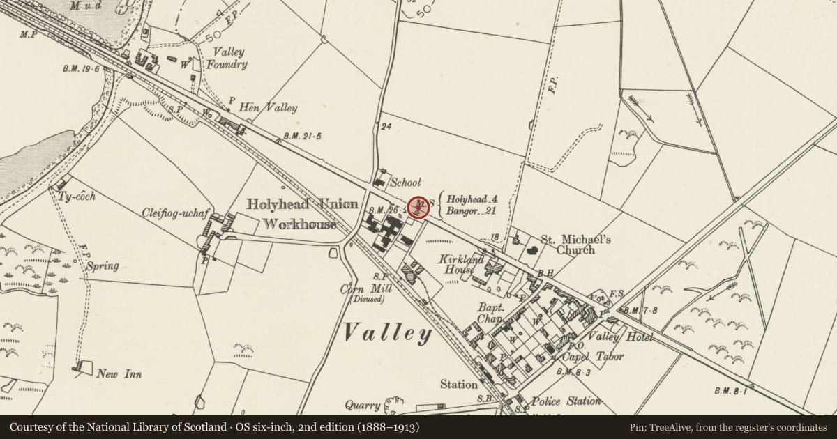 Ordnance Survey six-inch map, 2nd edition (1888–1913) covering the location of Telford Milestone (4), Valley, Isle of Anglesey, with a pin at the register's coordinates