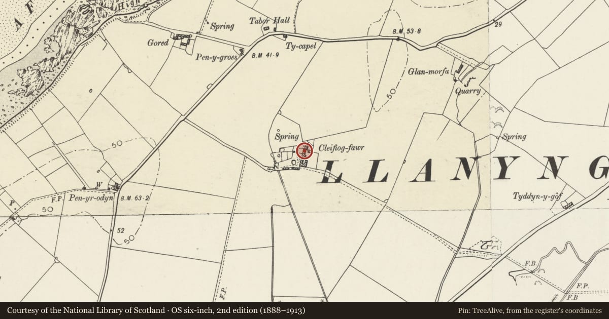 Ordnance Survey six-inch map, 2nd edition (1888–1913) covering the location of Cleifiog Fawr, Valley, Isle of Anglesey, with a pin at the register's coordinates