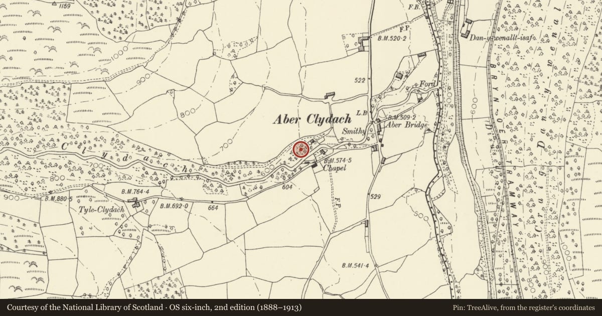 Ordnance Survey six-inch map, 2nd edition (1888–1913) covering the location of Quarryworkers Cottages at Aberclydach, Talybont-on-Usk, Powys, with a pin at the register's coordinates