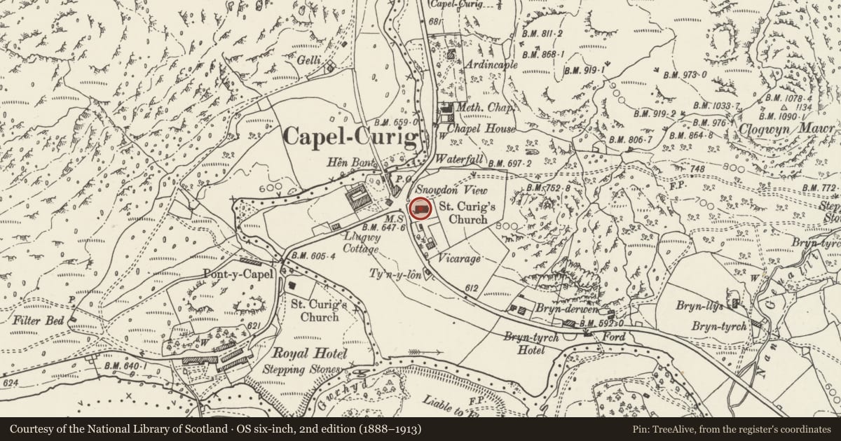 Ordnance Survey six-inch map, 2nd edition (1888–1913) covering the location of Church of St Curig, Capel Curig, Conwy, with a pin at the register's coordinates