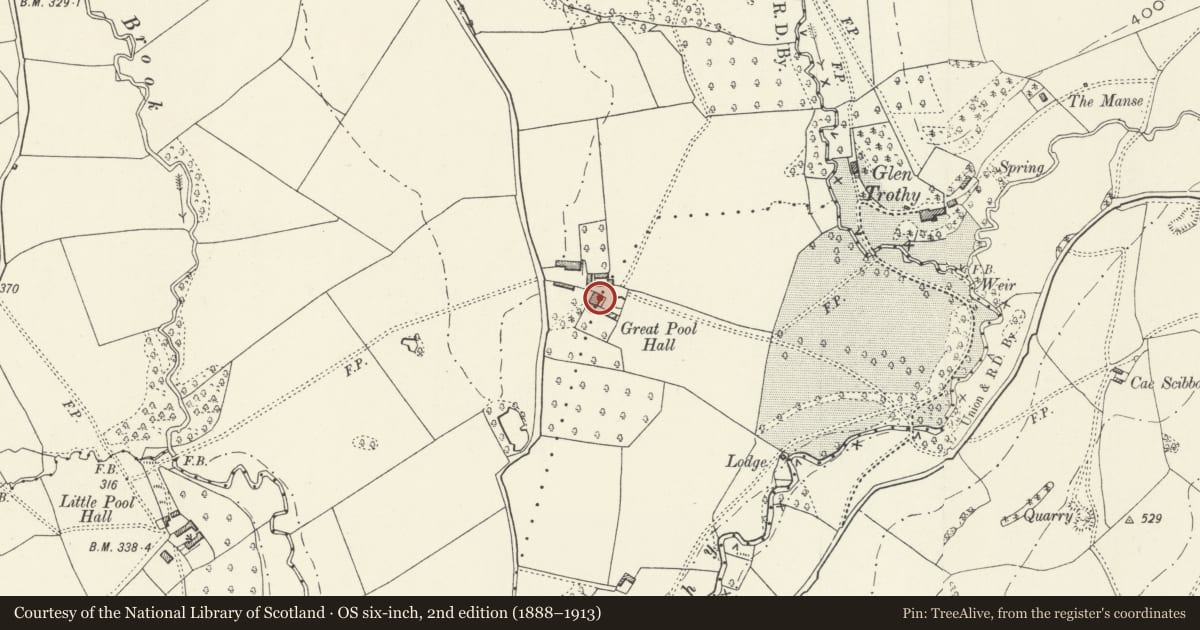 Ordnance Survey six-inch map, 2nd edition (1888–1913) covering the location of Great Pool Hall, Skenfrith, Monmouthshire, with a pin at the register's coordinates