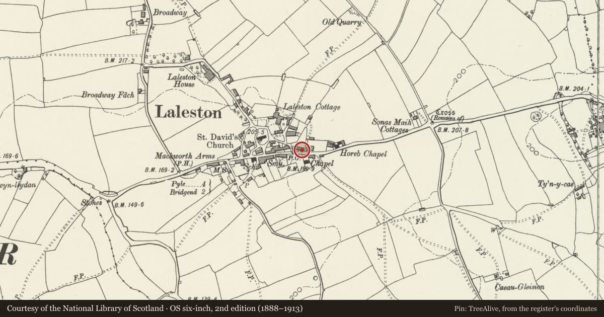 Ordnance Survey six-inch map, 2nd edition (1888–1913) covering the location of The Oystercatcher Public House, Laleston, Bridgend, with a pin at the register's coordinates