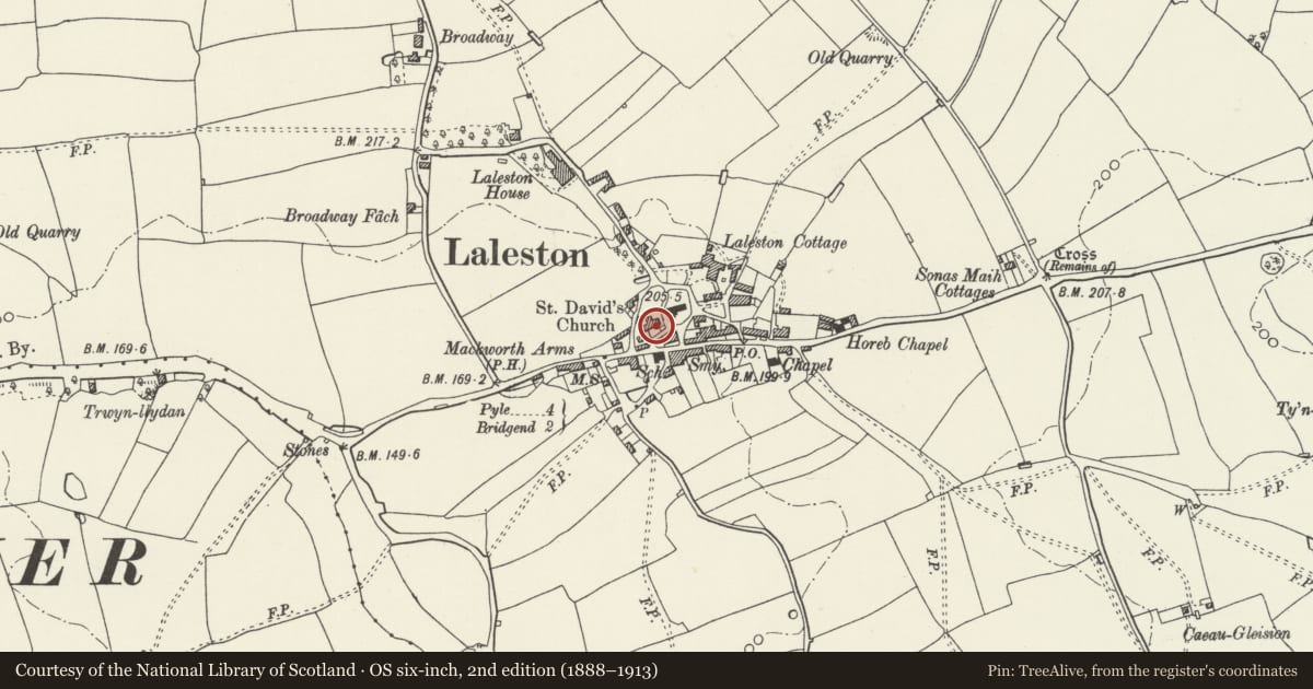 Ordnance Survey six-inch map, 2nd edition (1888–1913) covering the location of Cliff Cottage, Laleston, Bridgend, with a pin at the register's coordinates