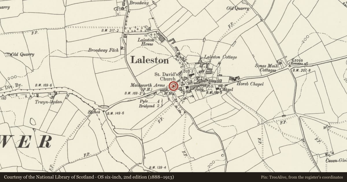 Ordnance Survey six-inch map, 2nd edition (1888–1913) covering the location of Milepost, Laleston, Bridgend, with a pin at the register's coordinates