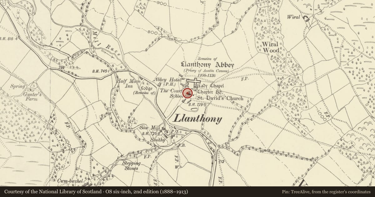 Ordnance Survey six-inch map, 2nd edition (1888–1913) covering the location of House adjoining west end of St David's Church, Crucorney, Monmouthshire, with a pin at the register's coordinates