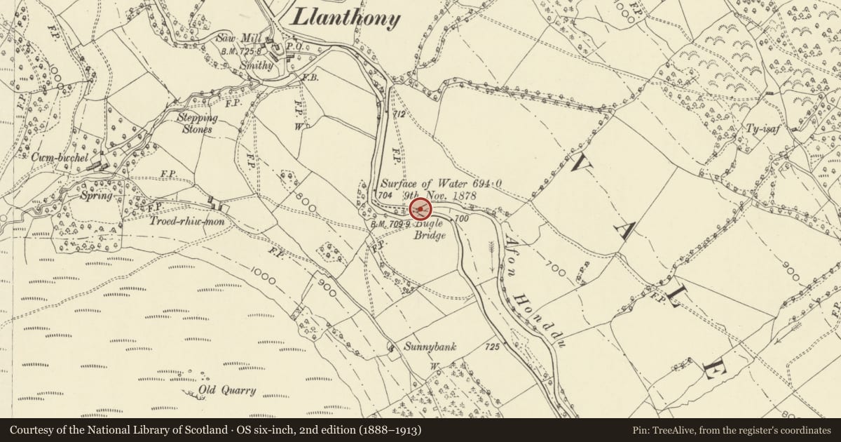 Ordnance Survey six-inch map, 2nd edition (1888–1913) covering the location of Bugle Bridge, Crucorney, Monmouthshire, with a pin at the register's coordinates