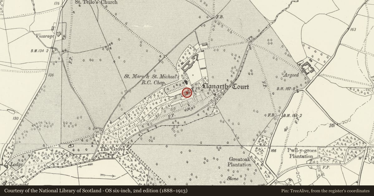 Ordnance Survey six-inch map, 2nd edition (1888–1913) covering the location of Llanarth Court, Monmouthshire, with a pin at the register's coordinates