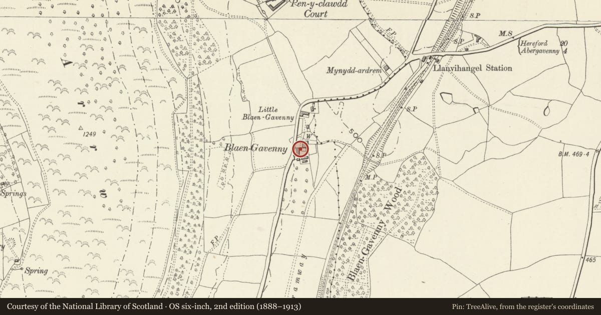 Ordnance Survey six-inch map, 2nd edition (1888–1913) covering the location of Barn at Blaengavenny Farm, Crucorney, Monmouthshire, with a pin at the register's coordinates