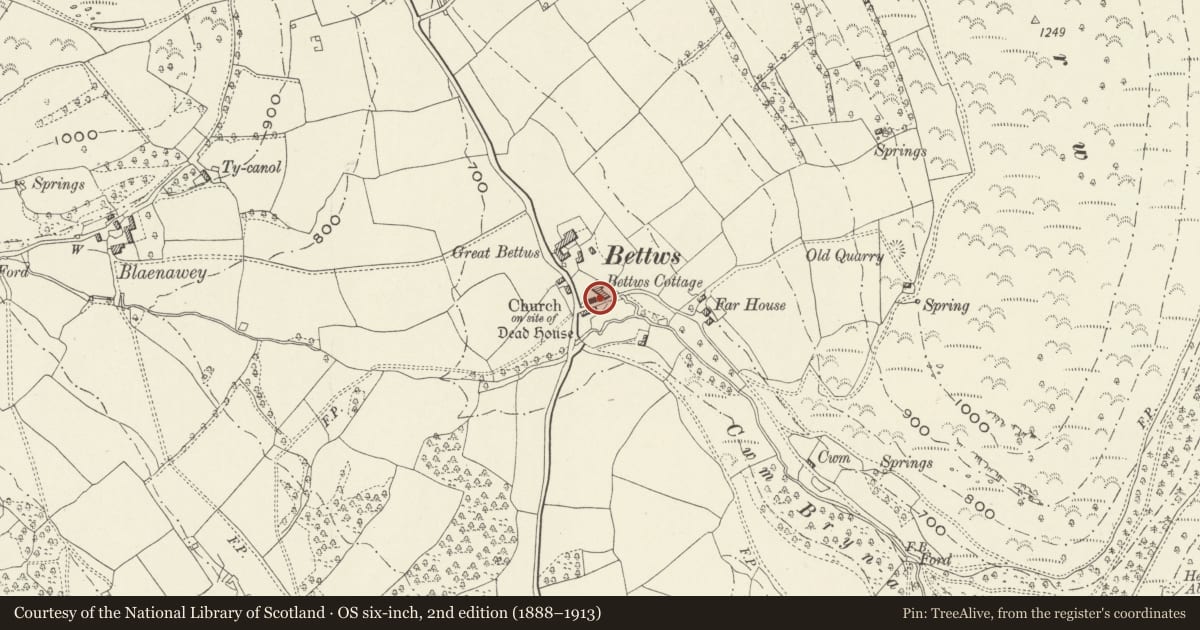 Ordnance Survey six-inch map, 2nd edition (1888–1913) covering the location of Bettws Chapel, Crucorney, Monmouthshire, with a pin at the register's coordinates