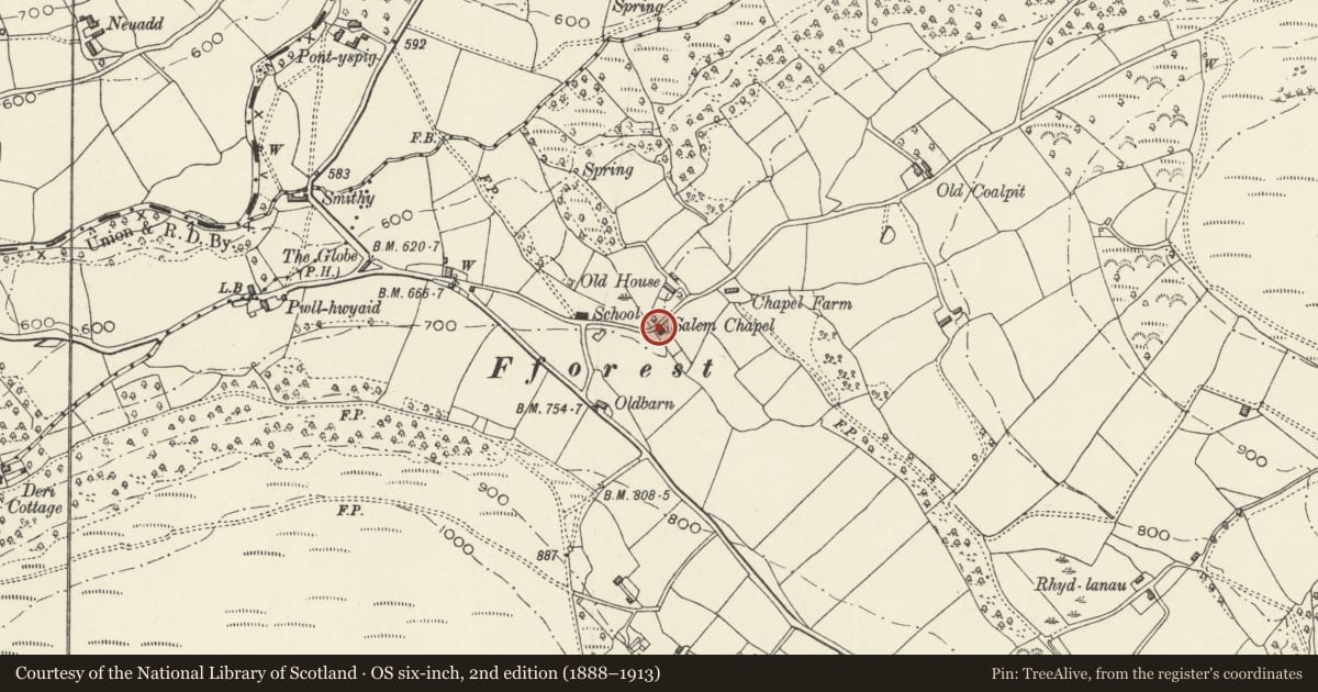 Ordnance Survey six-inch map, 2nd edition (1888–1913) covering the location of Salem Presbyterian Chapel, with attached stable, Crucorney, Monmouthshire, with a pin at the register's coordinates