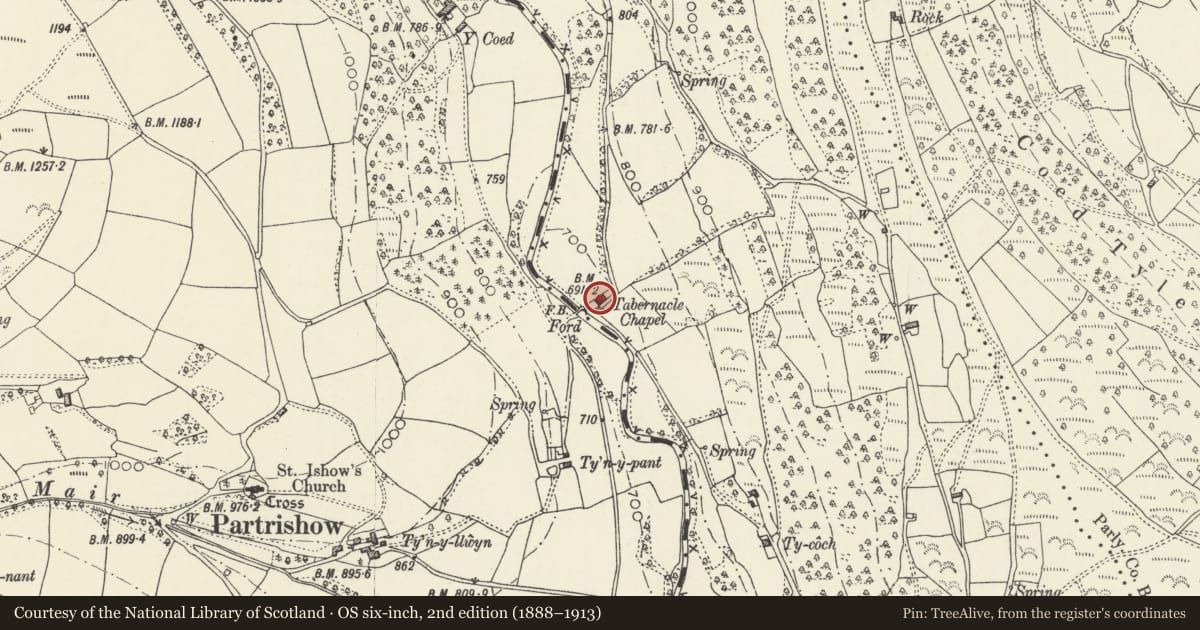 Ordnance Survey six-inch map, 2nd edition (1888–1913) covering the location of Tabernacle Baptist Chapel, Crucorney, Monmouthshire, with a pin at the register's coordinates