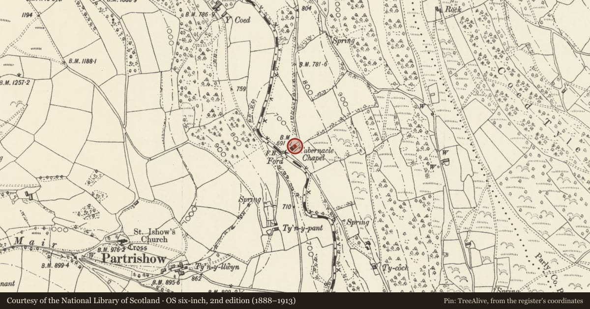 Ordnance Survey six-inch map, 2nd edition (1888–1913) covering the location of Minister's House adjoining Tabernacle Baptist Chapel, Crucorney, Monmouthshire, with a pin at the register's coordinates