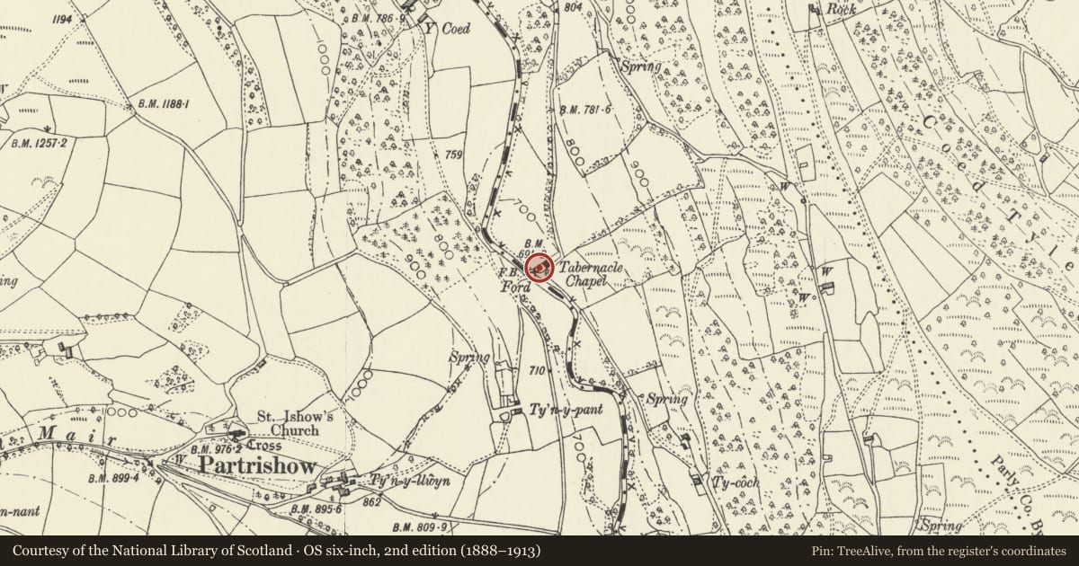 Ordnance Survey six-inch map, 2nd edition (1888–1913) covering the location of Tomb of Margaret Davies at Tabernacle Baptist Chapel, Crucorney, Monmouthshire, with a pin at the register's coordinates