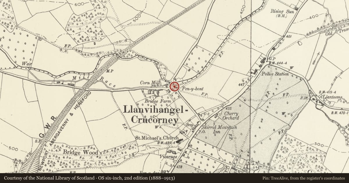 Ordnance Survey six-inch map, 2nd edition (1888–1913) covering the location of Fingerpost at Pen-y-bont Bridge, Crucorney, Monmouthshire, with a pin at the register's coordinates
