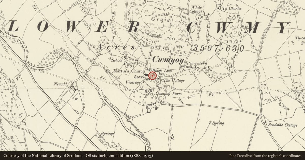 Ordnance Survey six-inch map, 2nd edition (1888–1913) covering the location of Tomb of Daniel (Chandler?) at Church of St Martin, Crucorney, Monmouthshire, with a pin at the register's coordinates