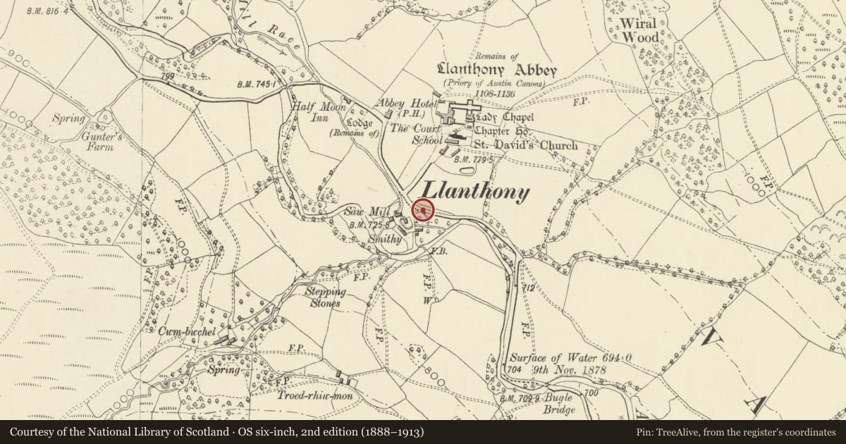 Ordnance Survey six-inch map, 2nd edition (1888–1913) covering the location of Telephone Call-box, Crucorney, Monmouthshire, with a pin at the register's coordinates