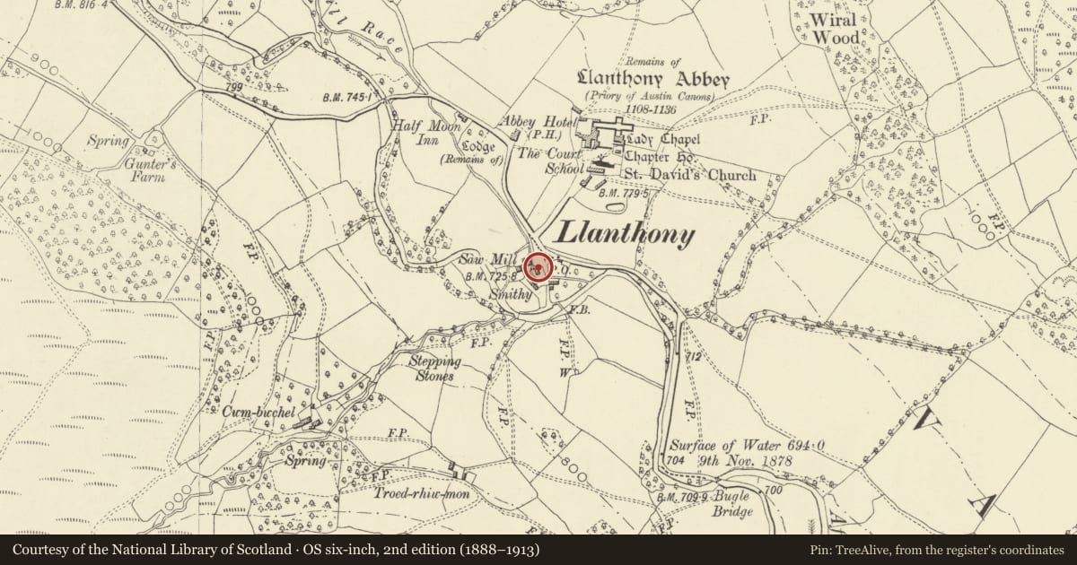 Ordnance Survey six-inch map, 2nd edition (1888–1913) covering the location of Cottage 40m south of turning to Llanthony Priory, Crucorney, Monmouthshire, with a pin at the register's coordinates
