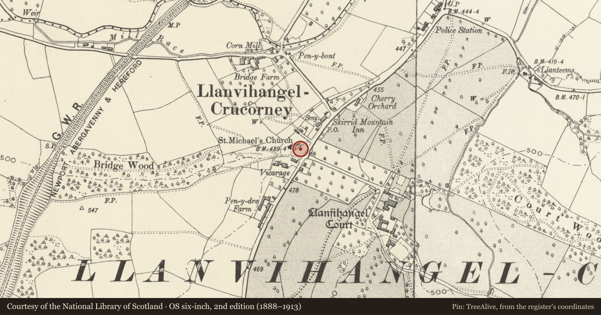 Ordnance Survey six-inch map, 2nd edition (1888–1913) covering the location of Tomb of Thomas Prosser in St Michael's Churchyard, Crucorney, Monmouthshire, with a pin at the register's coordinates