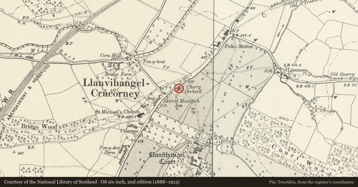 Ordnance Survey six-inch map, 2nd edition (1888–1913) covering the location of Twr Mihangel (formerly known as Treturret), Crucorney, Monmouthshire, with a pin at the register's coordinates