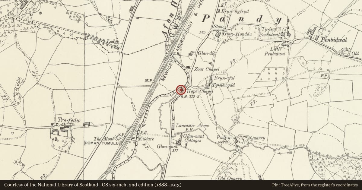 Ordnance Survey six-inch map, 2nd edition (1888–1913) covering the location of Calvinistic Methodist Chapel, Crucorney, Monmouthshire, with a pin at the register's coordinates
