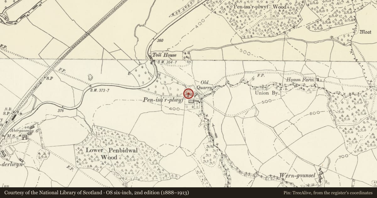 Ordnance Survey six-inch map, 2nd edition (1888–1913) covering the location of Stable, cowhouse and implement shed at Pen-isha-plwydd Farm, Crucorney, Monmouthshire, with a pin at the register's coordinates