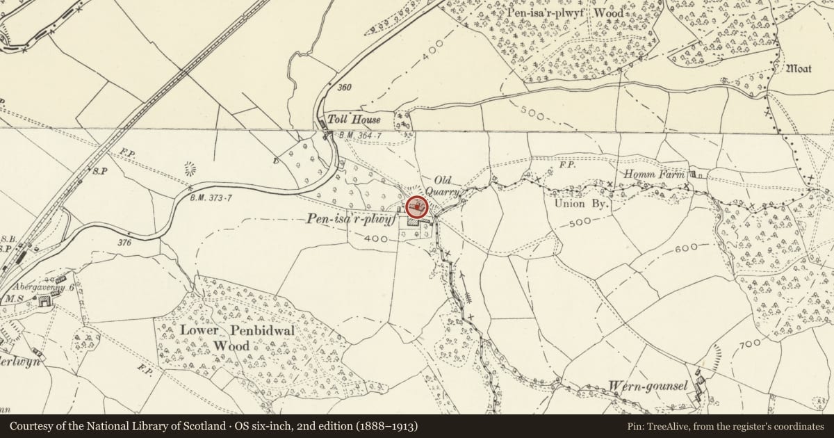 Ordnance Survey six-inch map, 2nd edition (1888–1913) covering the location of Barn at Pen-isha-plwydd Farm, Crucorney, Monmouthshire, with a pin at the register's coordinates