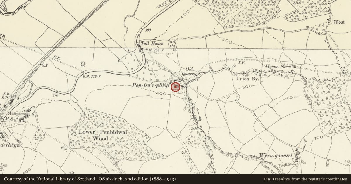 Ordnance Survey six-inch map, 2nd edition (1888–1913) covering the location of Pen-isha-plwydd Farmhouse, Crucorney, Monmouthshire, with a pin at the register's coordinates