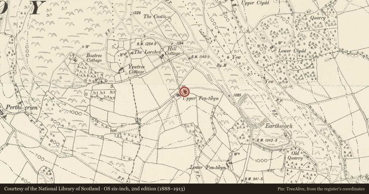 Ordnance Survey six-inch map, 2nd edition (1888–1913) covering the location of Upper Pentwyn Farmhouse, Crucorney, Monmouthshire, with a pin at the register's coordinates