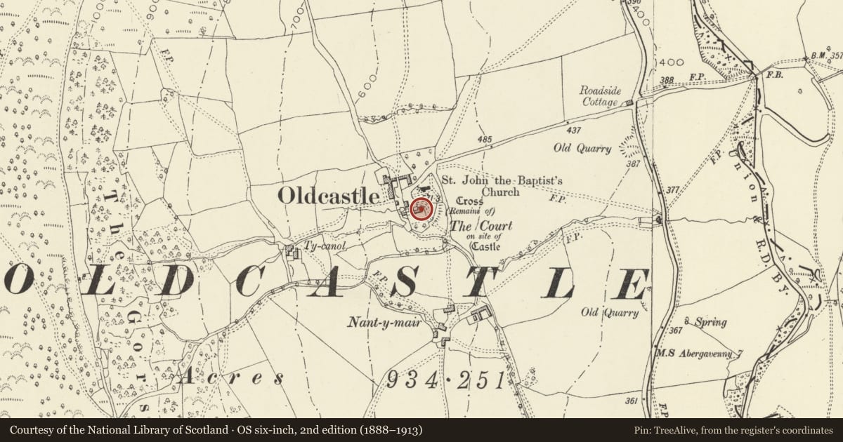 Ordnance Survey six-inch map, 2nd edition (1888–1913) covering the location of Oldcastle Court Farmhouse, Crucorney, Monmouthshire, with a pin at the register's coordinates
