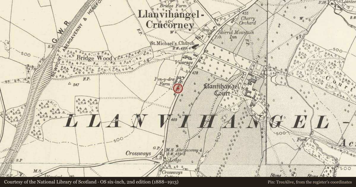 Ordnance Survey six-inch map, 2nd edition (1888–1913) covering the location of Barn at Pen-y-dre Farm, Crucorney, Monmouthshire, with a pin at the register's coordinates