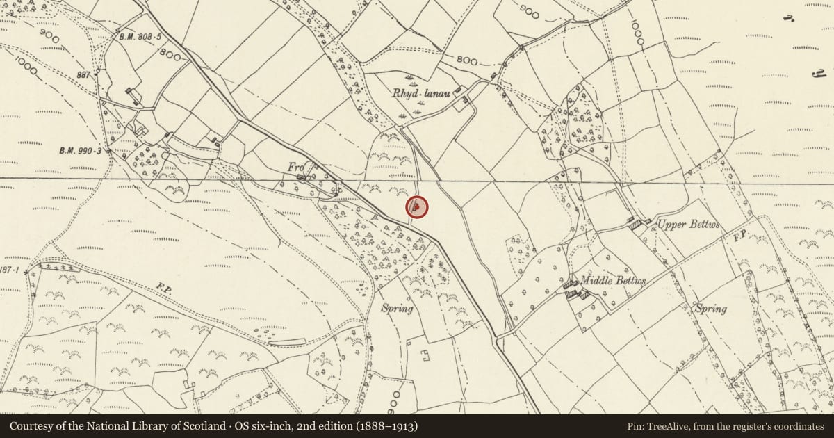 Ordnance Survey six-inch map, 2nd edition (1888–1913) covering the location of Barn at NGR 32936 22001, Crucorney, Monmouthshire, with a pin at the register's coordinates
