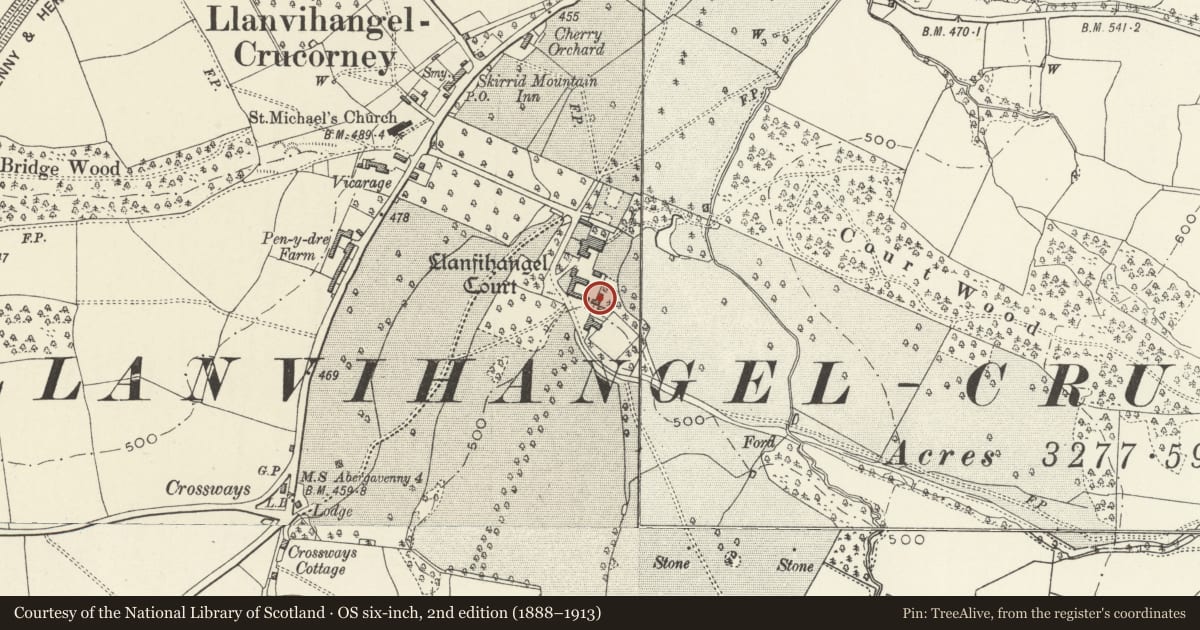 Ordnance Survey six-inch map, 2nd edition (1888–1913) covering the location of Cider House and Cottage at Llanvihangel Court, Crucorney, Monmouthshire, with a pin at the register's coordinates