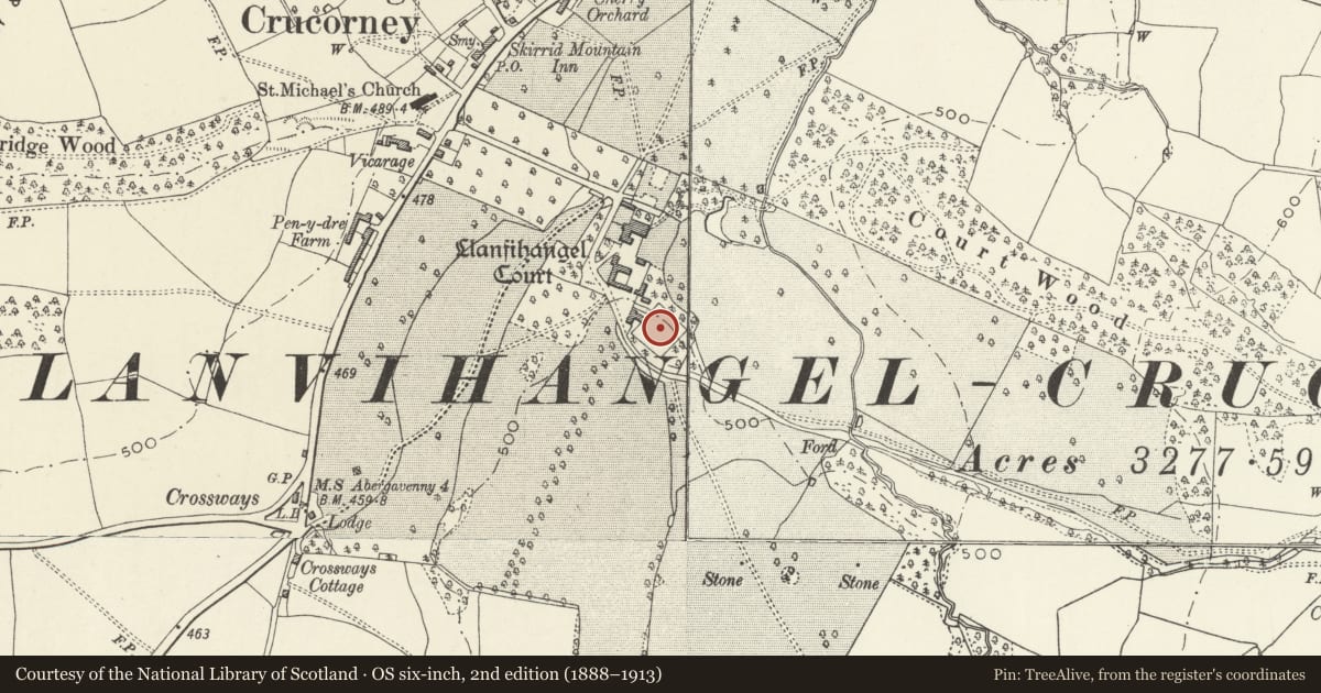 Ordnance Survey six-inch map, 2nd edition (1888–1913) covering the location of Walls to Walled Garden at Llanvihangel Court, Crucorney, Monmouthshire, with a pin at the register's coordinates