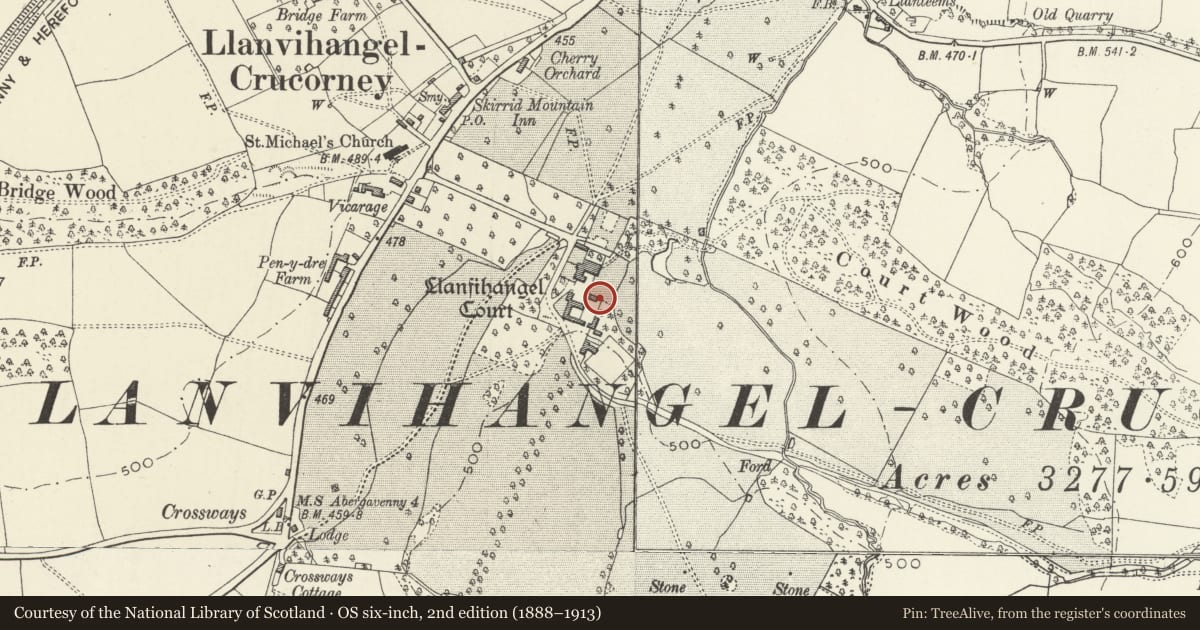 Ordnance Survey six-inch map, 2nd edition (1888–1913) covering the location of Stable Block at Llanvihangel Court, Crucorney, Monmouthshire, with a pin at the register's coordinates