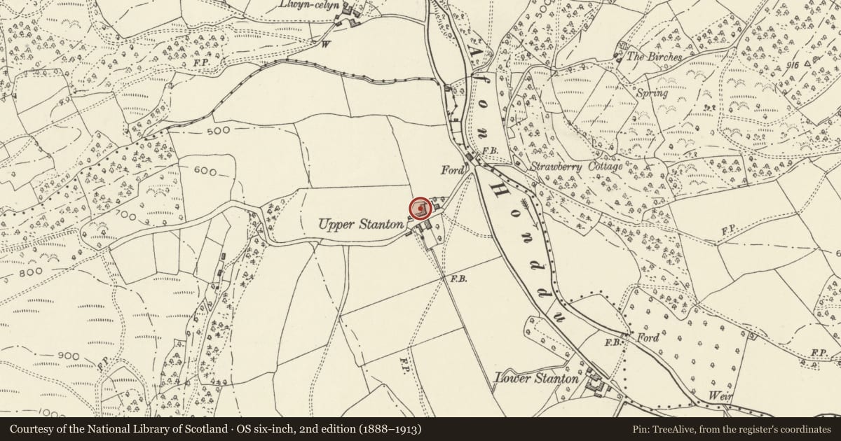 Ordnance Survey six-inch map, 2nd edition (1888–1913) covering the location of Barn to the north of Upper Stanton Farmhouse, Crucorney, Monmouthshire, with a pin at the register's coordinates