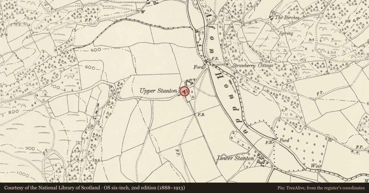 Ordnance Survey six-inch map, 2nd edition (1888–1913) covering the location of Barn to the west of Upper Stanton Farmhouse, Crucorney, Monmouthshire, with a pin at the register's coordinates
