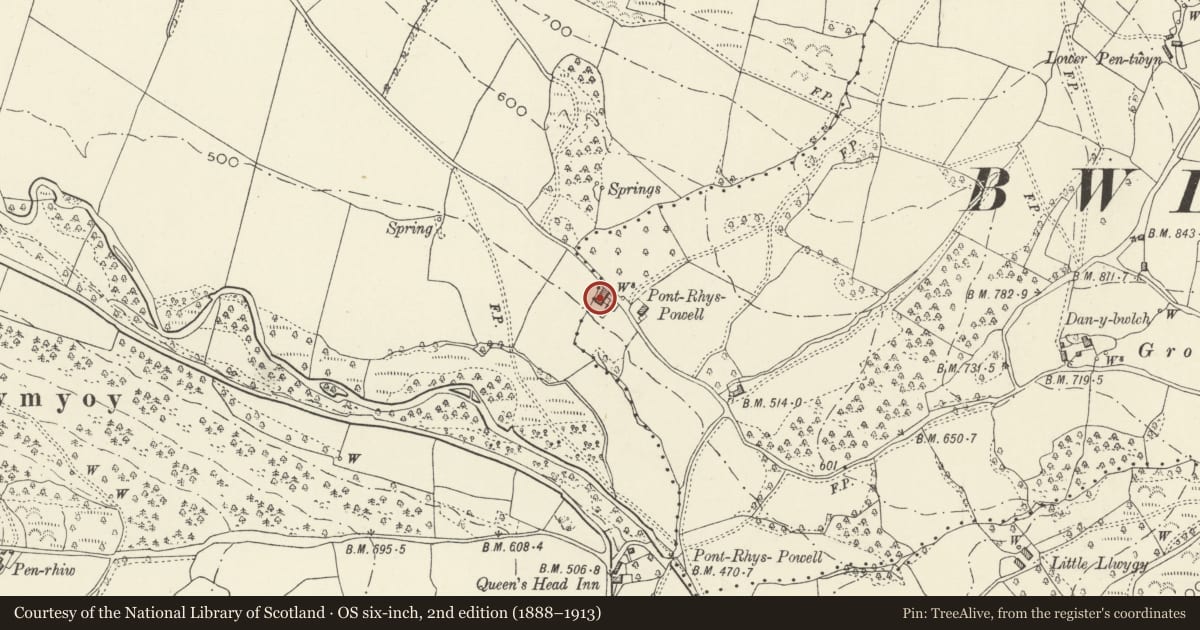 Ordnance Survey six-inch map, 2nd edition (1888–1913) covering the location of Pont Rhys Powell Farmhouse, Crucorney, Monmouthshire, with a pin at the register's coordinates