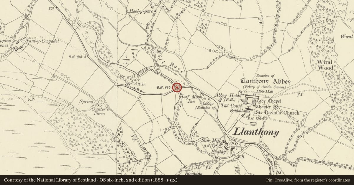 Ordnance Survey six-inch map, 2nd edition (1888–1913) covering the location of Bridge over Afon Honddu, Crucorney, Monmouthshire, with a pin at the register's coordinates