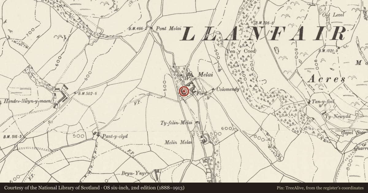 Ordnance Survey six-inch map, 2nd edition (1888–1913) covering the location of C-shaped Agricultural Range at Melai, Llanfair Talhaiarn, Conwy, with a pin at the register's coordinates