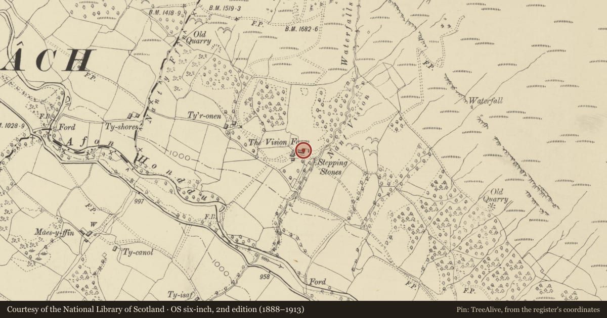 Ordnance Survey six-inch map, 2nd edition (1888–1913) covering the location of The Vision Farmhouse, Crucorney, Monmouthshire, with a pin at the register's coordinates