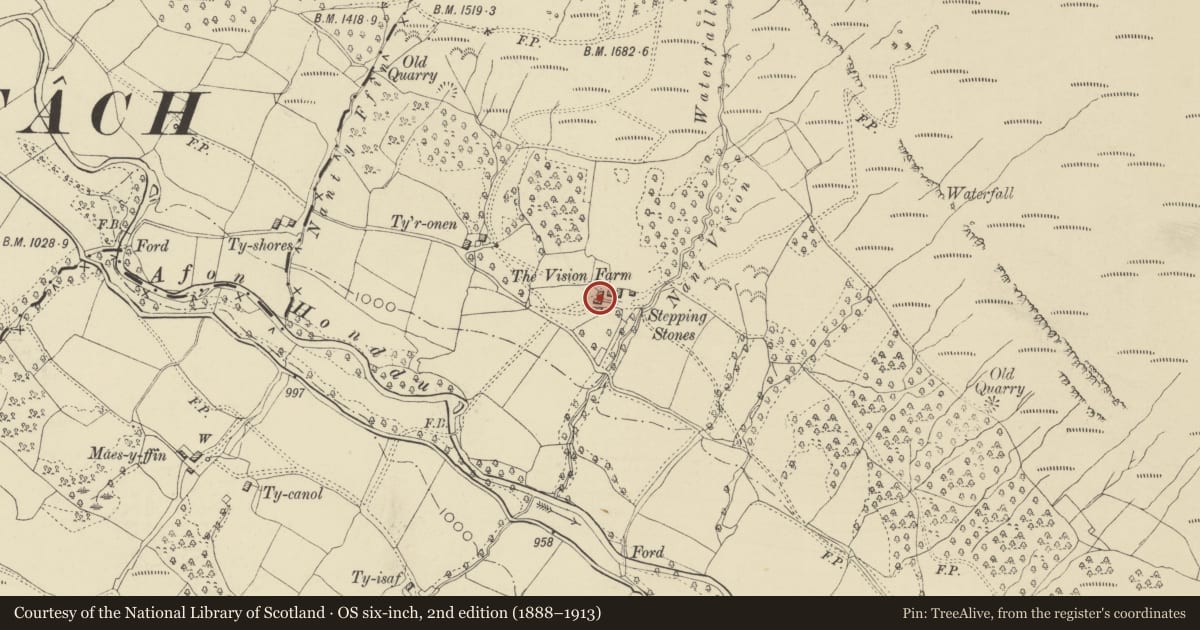 Ordnance Survey six-inch map, 2nd edition (1888–1913) covering the location of Barn at The Vision Farm, Crucorney, Monmouthshire, with a pin at the register's coordinates