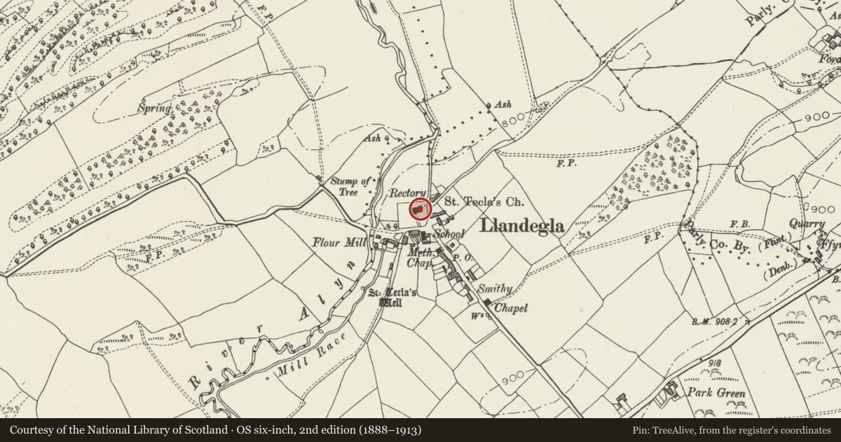 Ordnance Survey six-inch map, 2nd edition (1888–1913) covering the location of Church of St Tecla, Llandegla, Denbighshire, with a pin at the register's coordinates